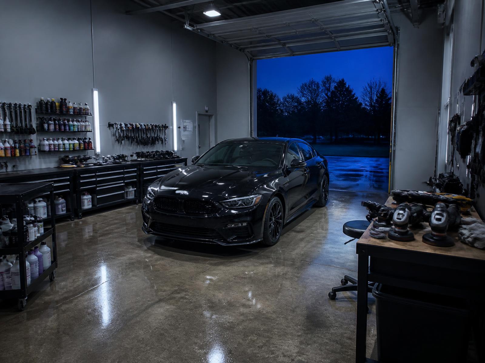 Detailing bay with a black sedan under overhead lights