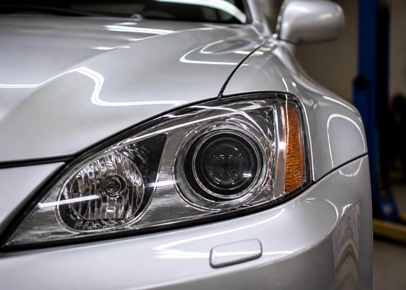 Restored clear headlight on a silver car