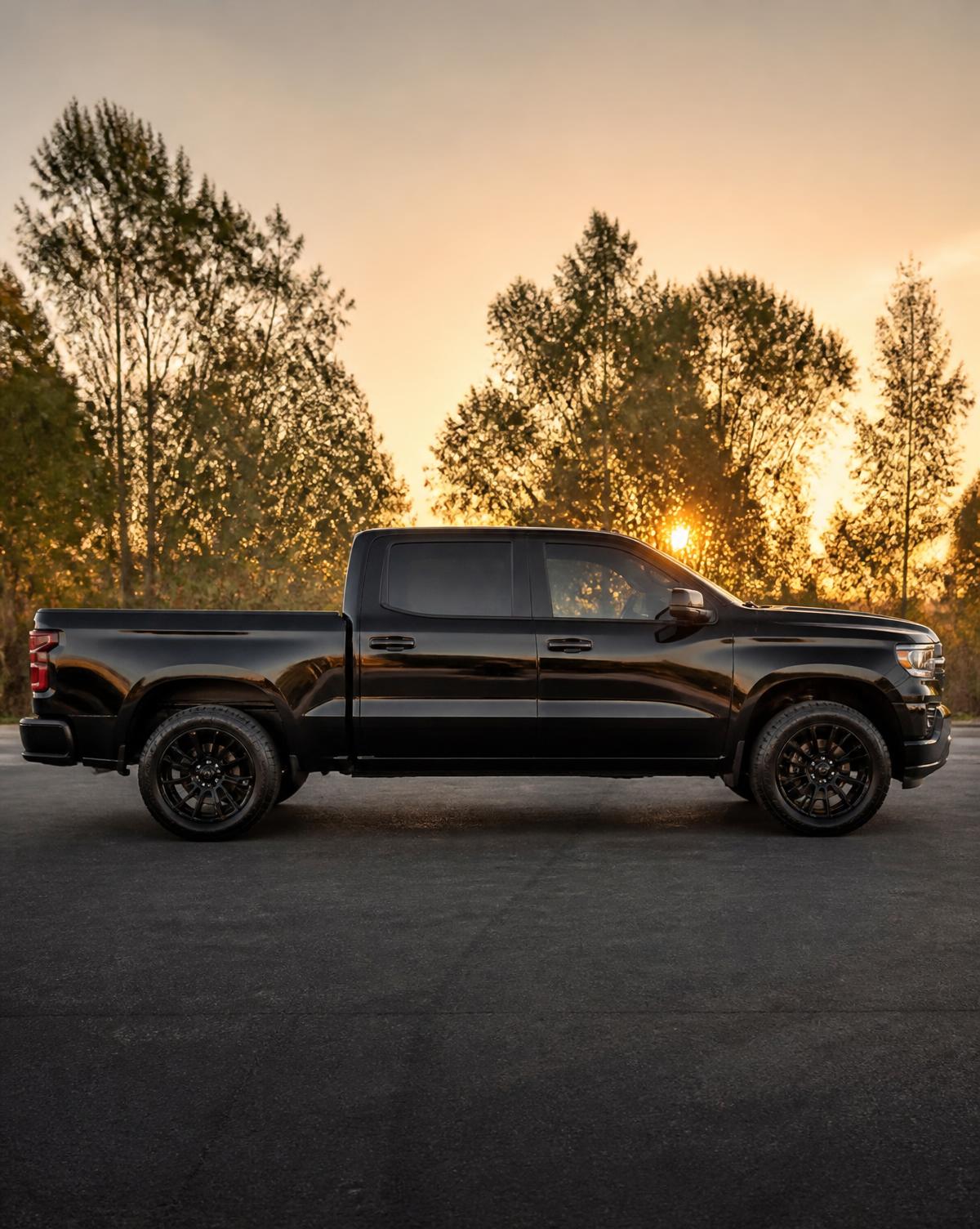 Black pickup truck detailed, photographed at golden hour