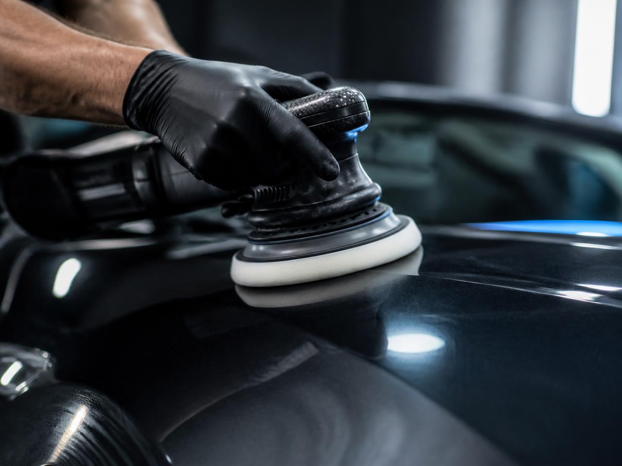 Detailer machine polishing a dark car hood